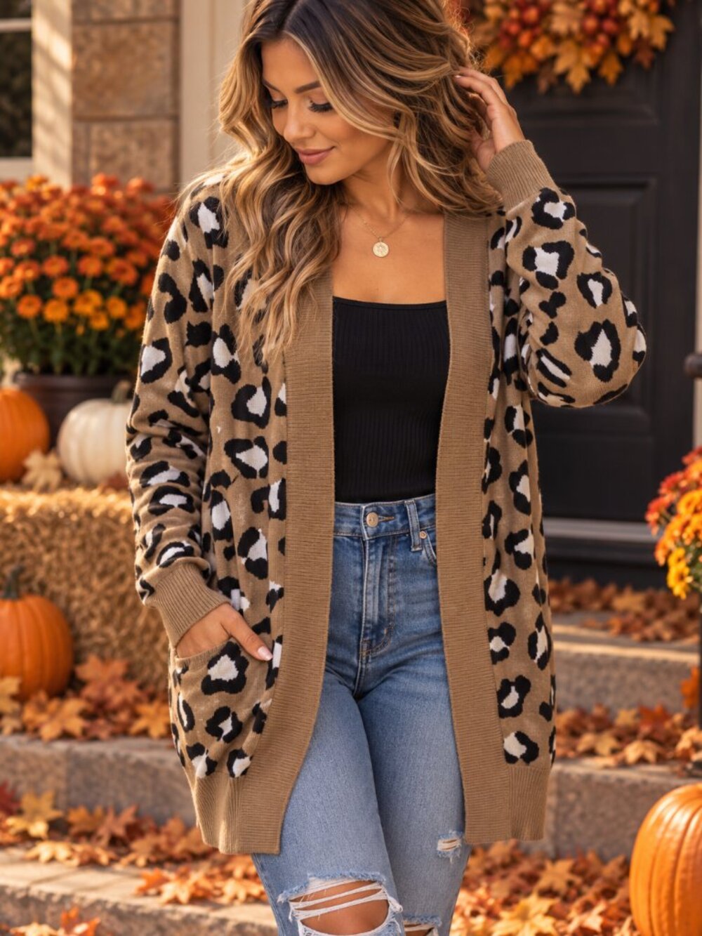 Love Ellie Leopard Print Longline Cardigan Sweater Pockets Tan Black S 130